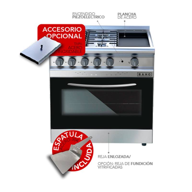 Cocina Morelli L. Saho Mod. Jitaku Grill 820 018067 5H Pta.vidrio 820X620 Inox + Espatula + Tapa