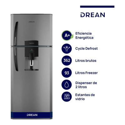 Hel Drean Hdr370F61E 364Lts 2Frios C/Freezer Silver C/Dispenser