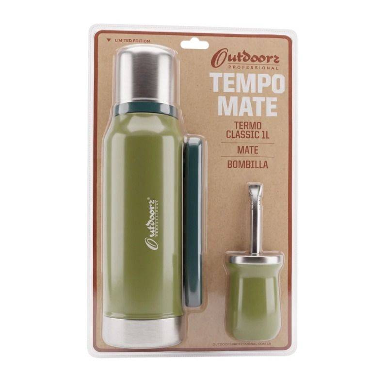 Termo Outdoors Ac. Inox 1 Ltro Kit + Mate C/Bombilla Color Verde Cod.03330