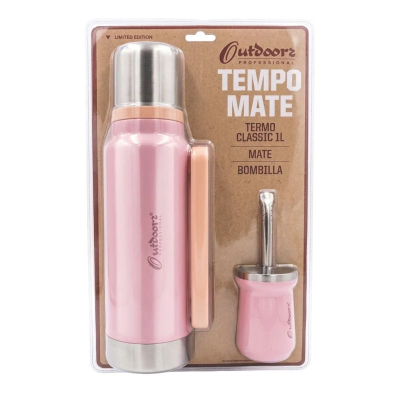 Termo Outdoors Ac. Inox 1 Ltro Kit + Mate C/Bombilla Color Rosa Cod.03329