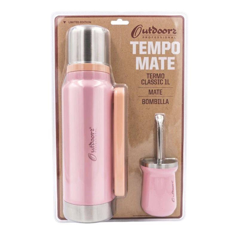 Termo Outdoors Ac. Inox 1 Ltro Kit + Mate C/Bombilla Color Rosa Cod.03329